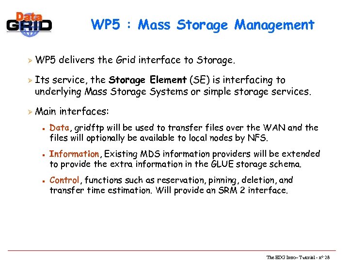 WP 5 : Mass Storage Management Ø Ø Ø WP 5 delivers the Grid