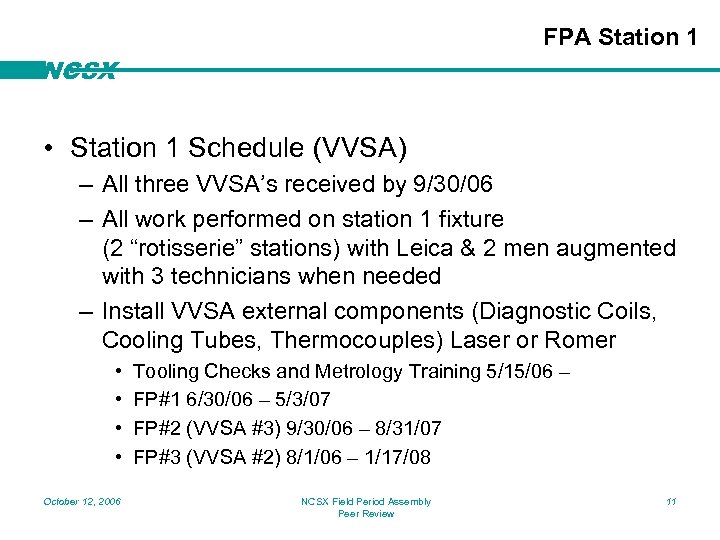 FPA Station 1 NCSX • Station 1 Schedule (VVSA) – All three VVSA’s received