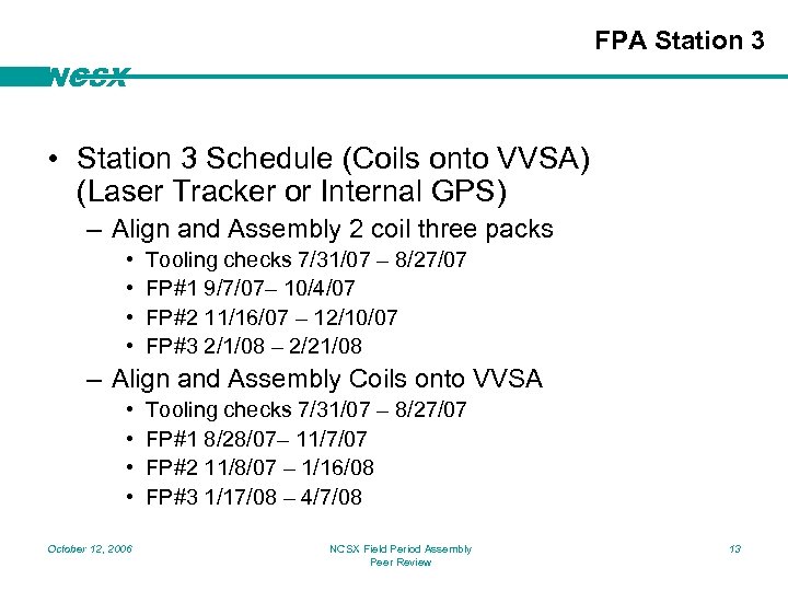 FPA Station 3 NCSX • Station 3 Schedule (Coils onto VVSA) (Laser Tracker or