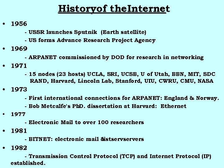 Historyof the Internet • 1956 - USSR launches Sputnik (Earth satellite) - US forms