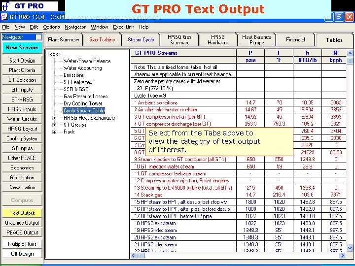 GT PRO Text Output Select from the Tabs above to view the category of