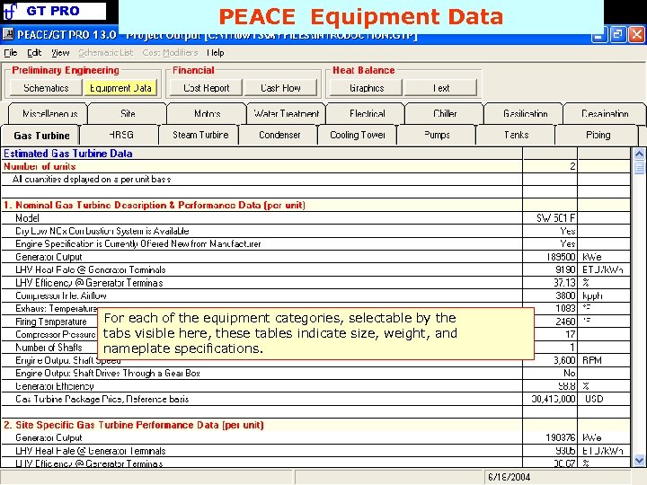 GT PRO PEACE Equipment Data For each of the equipment categories, selectable by the