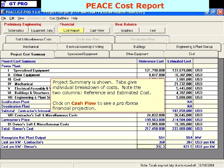 GT PRO PEACE Cost Report Project Summary is shown. Tabs give individual breakdown of