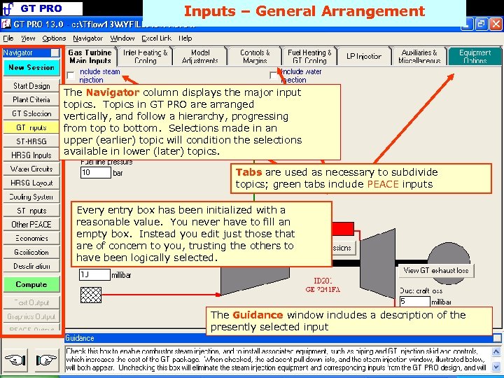 GT PRO Inputs – General Arrangement The Navigator column displays the major input topics.