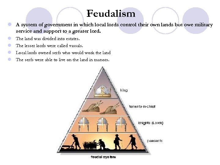 Feudalism l A system of government in which local lords control their own lands