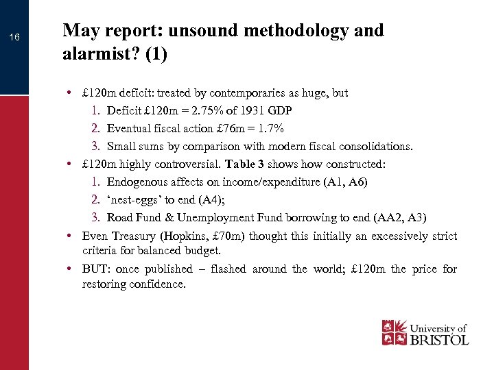 16 May report: unsound methodology and alarmist? (1) • £ 120 m deficit: treated