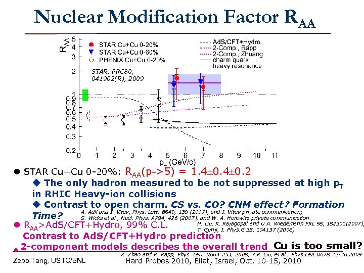 Nuclear Modification Factor RAA STAR, PRC 80, 041902(R), 2009 l STAR Cu+Cu 0 -20%: