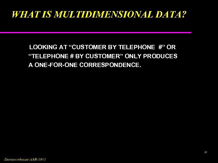 WHAT IS MULTIDIMENSIONAL DATA? LOOKING AT “CUSTOMER BY TELEPHONE #” OR “TELEPHONE # BY