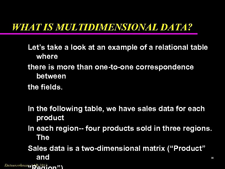 WHAT IS MULTIDIMENSIONAL DATA? Let’s take a look at an example of a relational