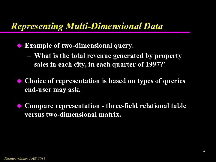 Representing Multi-Dimensional Data u Example of two-dimensional query. – What is the total revenue