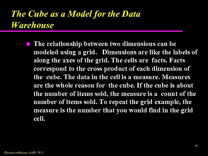 The Cube as a Model for the Data Warehouse u The relationship between two