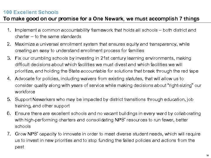 100 Excellent Schools To make good on our promise for a One Newark, we