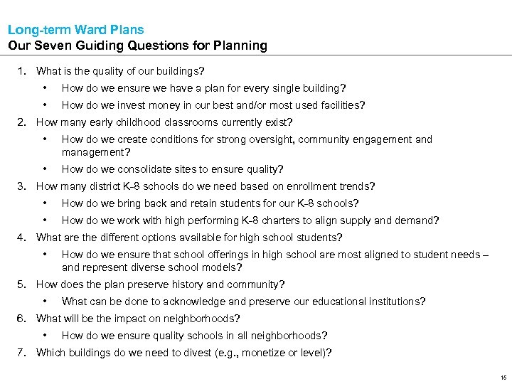 Long-term Ward Plans Our Seven Guiding Questions for Planning 1. What is the quality