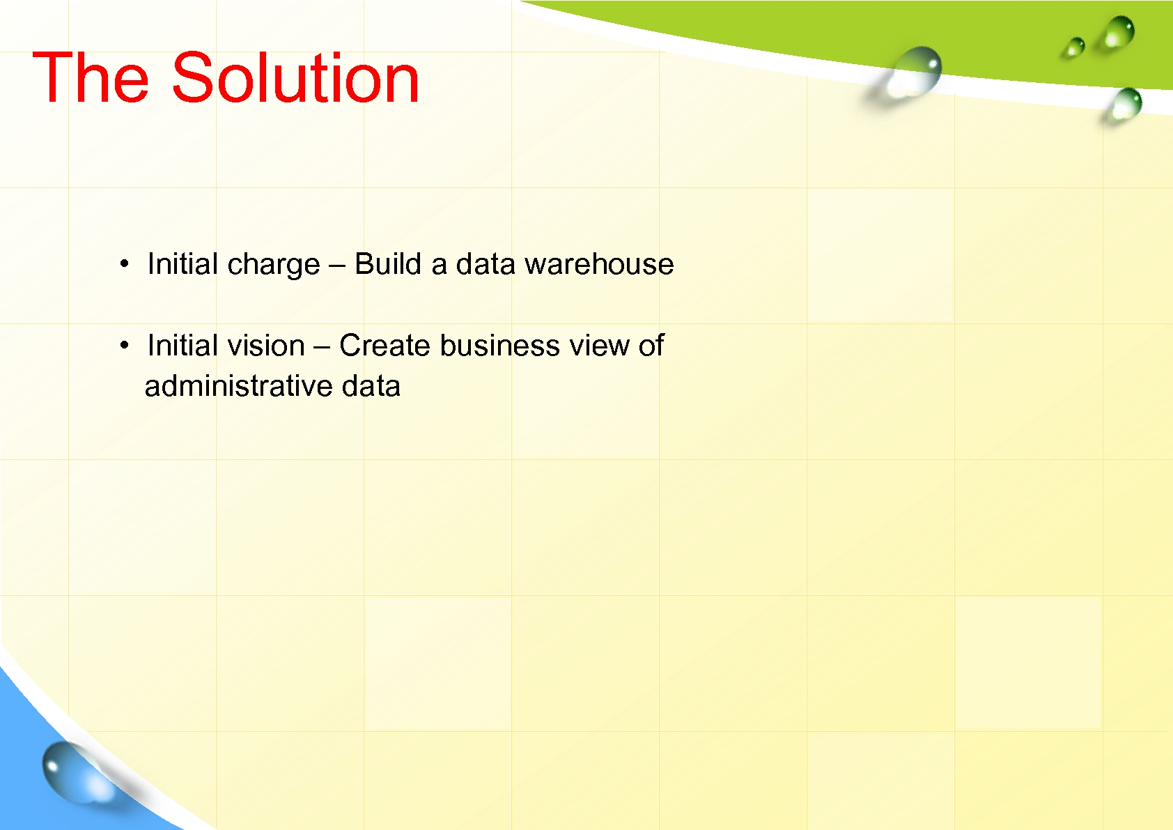 The Solution • Initial charge – Build a data warehouse • Initial vision –