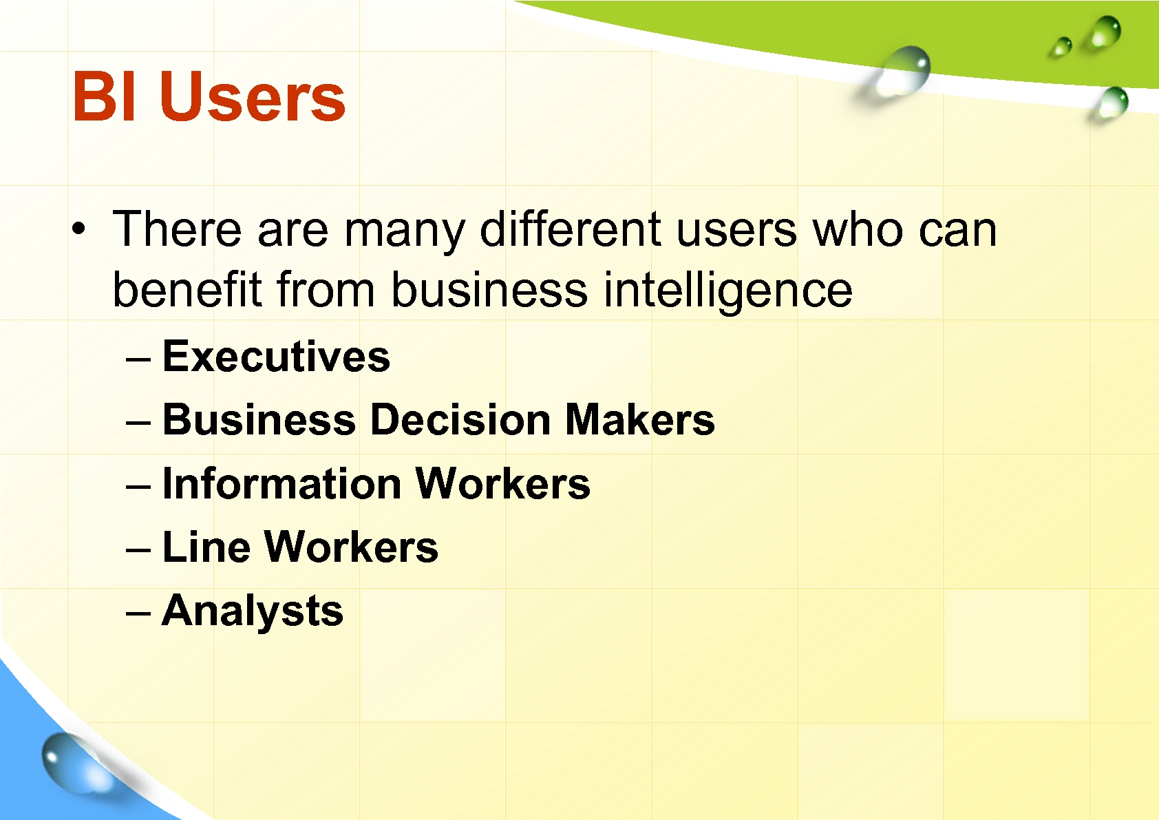 BI Users • There are many different users who can benefit from business intelligence