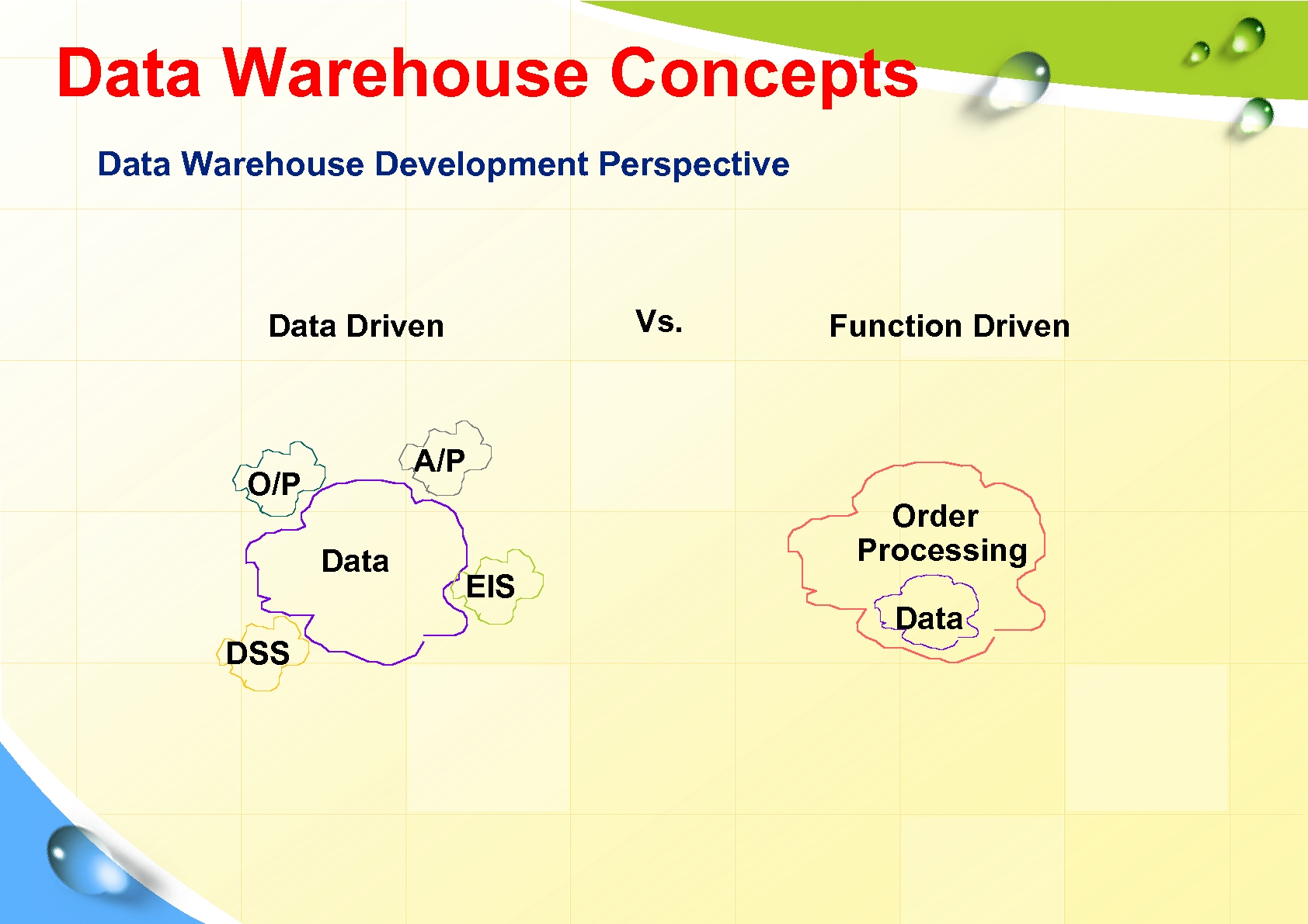 Data Warehouse Concepts Data Warehouse Development Perspective Vs. Data Driven A/P O/P Data DSS