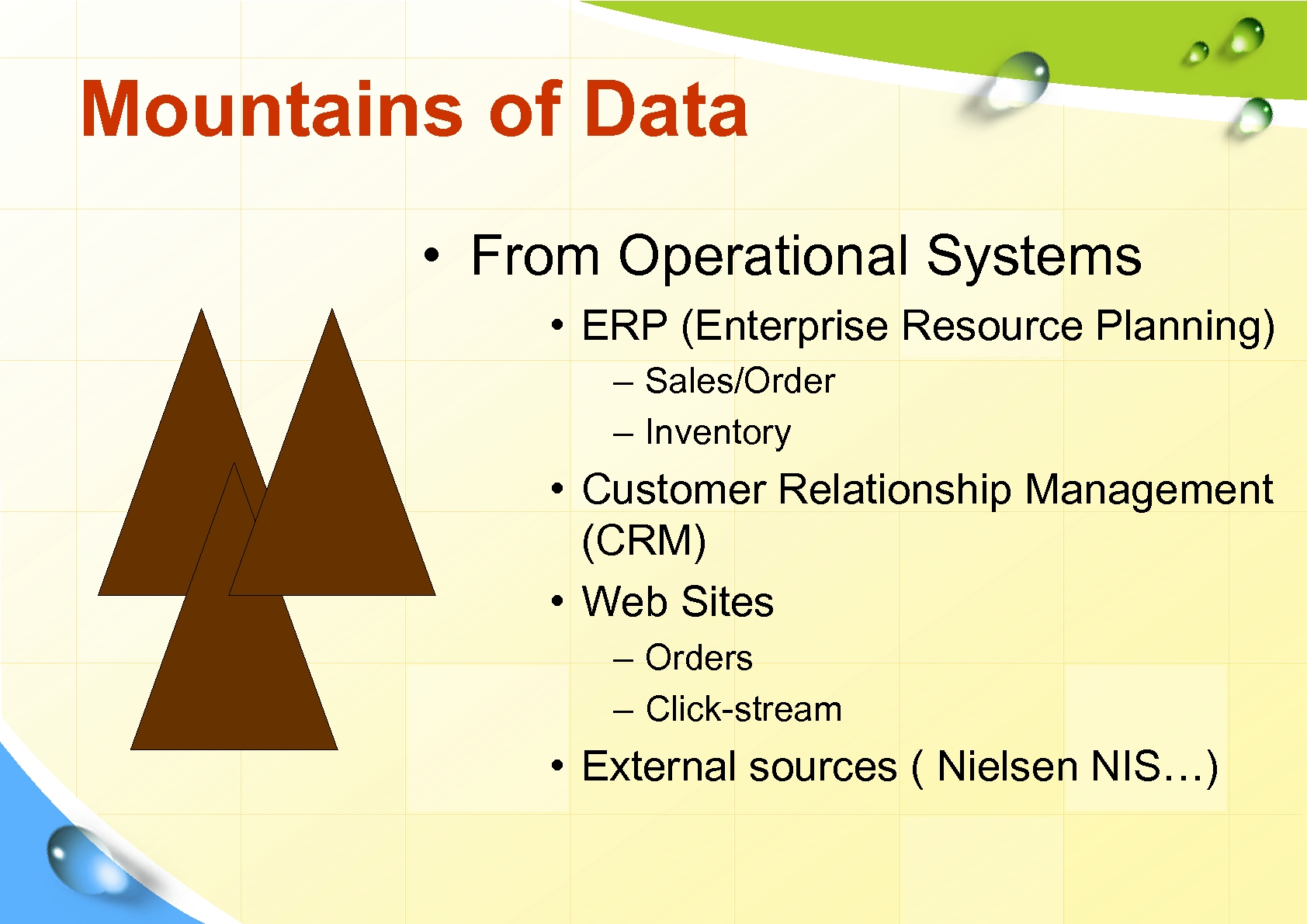 Mountains of Data • From Operational Systems • ERP (Enterprise Resource Planning) – Sales/Order