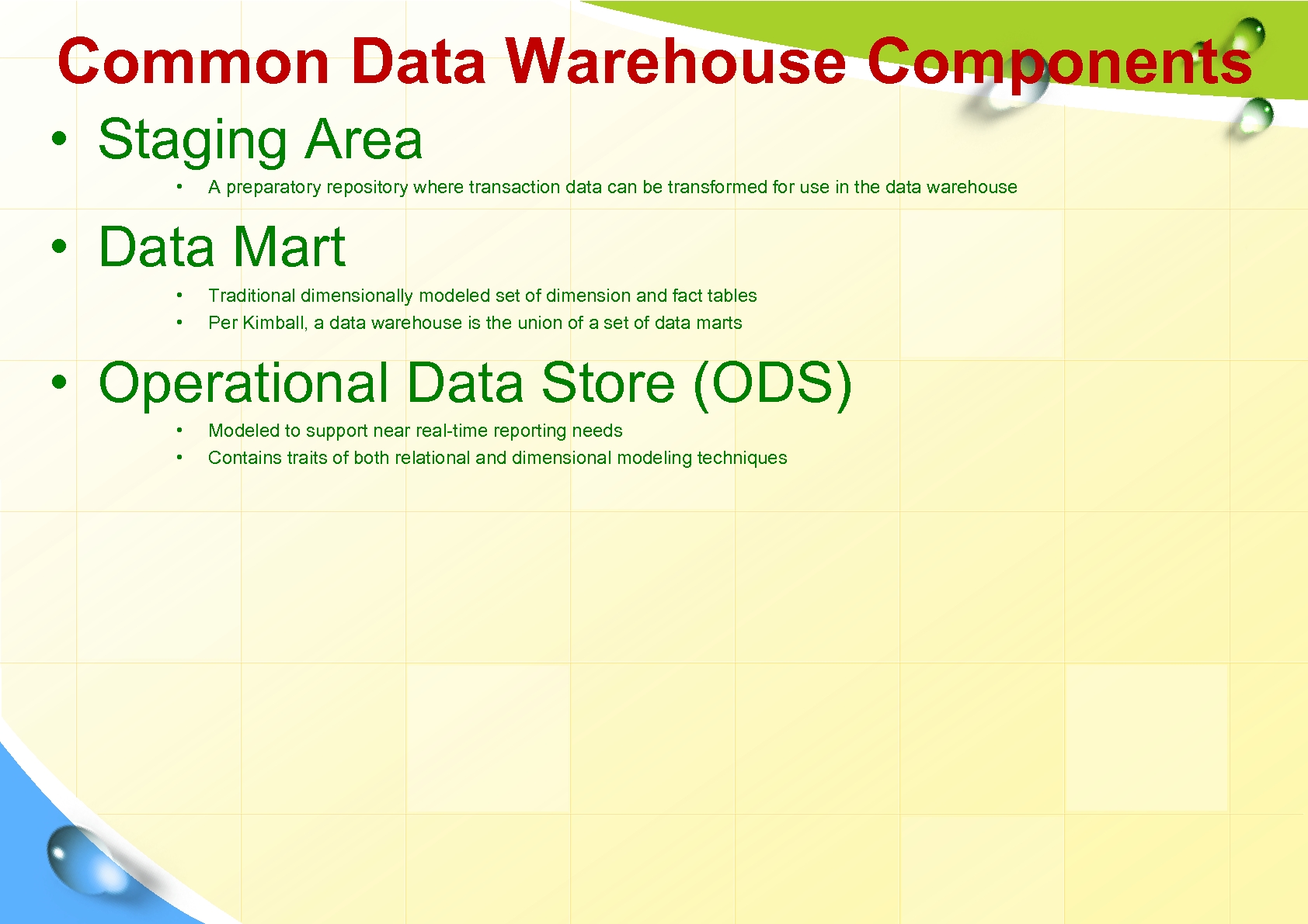 Common Data Warehouse Components • Staging Area • A preparatory repository where transaction data