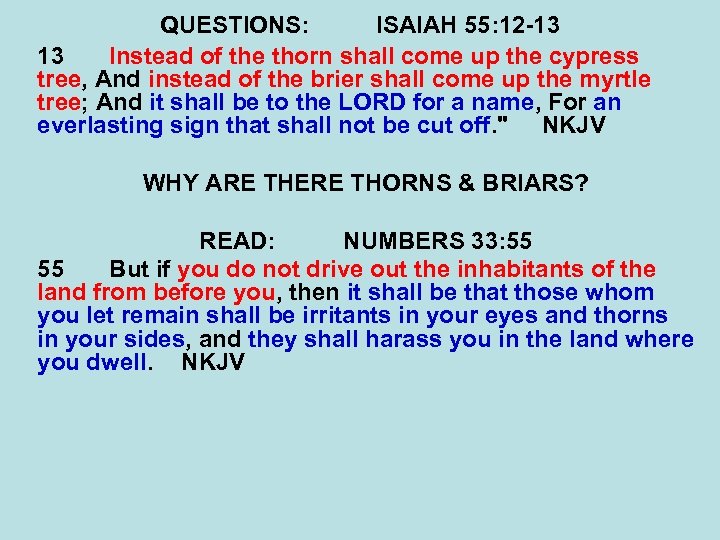 QUESTIONS: ISAIAH 55: 12 -13 13 Instead of the thorn shall come up the