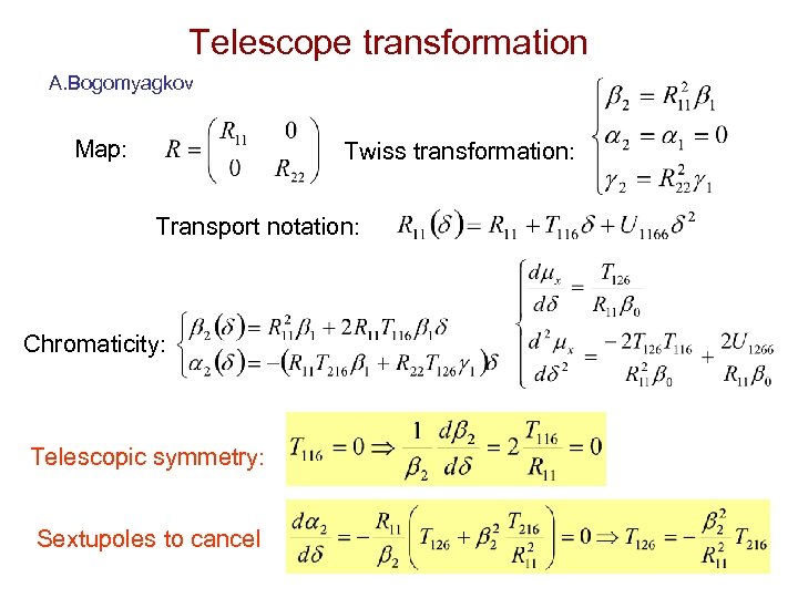 Telescope transformation A. Bogomyagkov Map: Twiss transformation: Transport notation: Chromaticity: Telescopic symmetry: Sextupoles to
