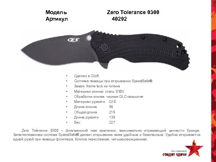 Модель Артикул • • • Zero Tolerance 0300 40292 Сделан в США Система помощи