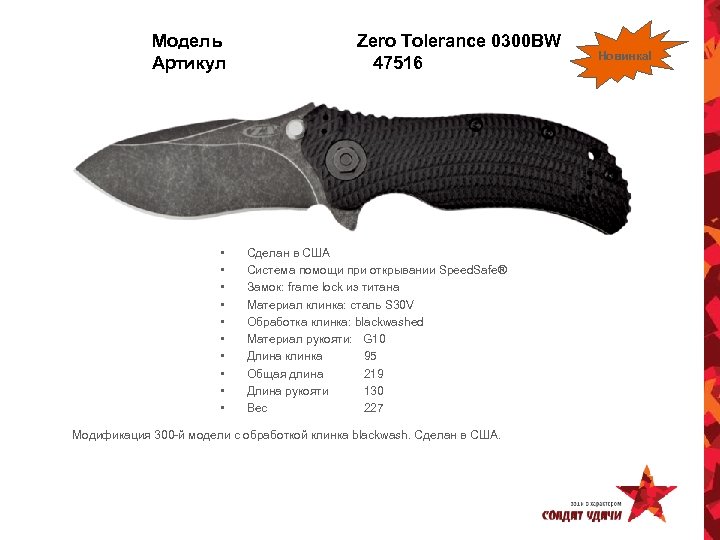 Модель Артикул • • • Zero Tolerance 0300 BW 47516 Сделан в США Система