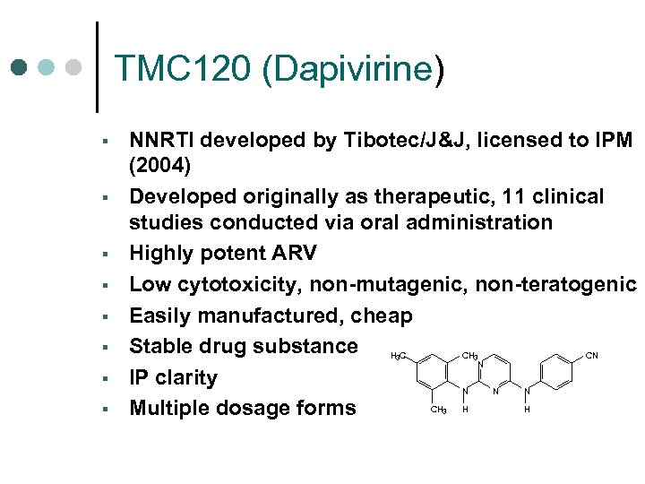 TMC 120 (Dapivirine) § § § § NNRTI developed by Tibotec/J&J, licensed to IPM