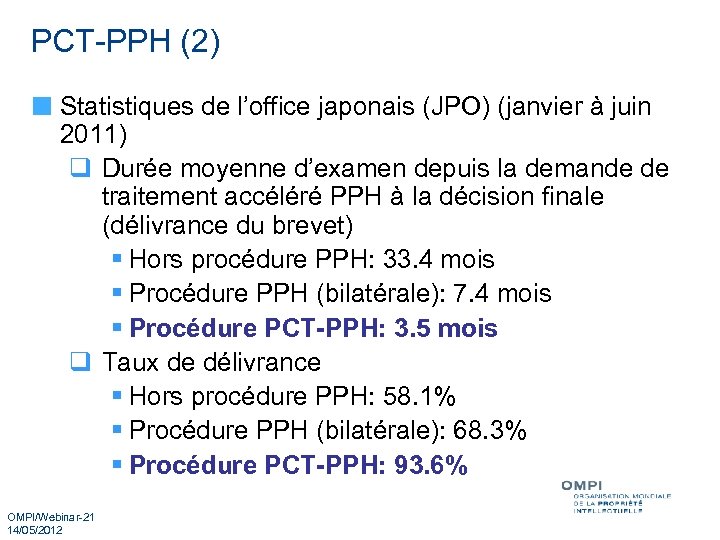 PCT-PPH (2) Statistiques de l’office japonais (JPO) (janvier à juin 2011) q Durée moyenne
