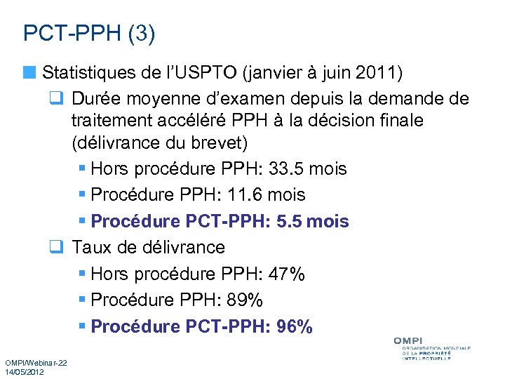 PCT-PPH (3) Statistiques de l’USPTO (janvier à juin 2011) q Durée moyenne d’examen depuis