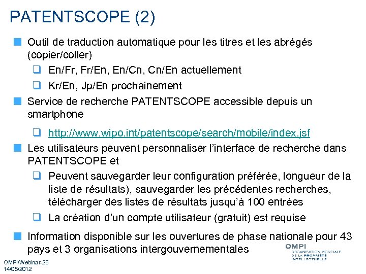 PATENTSCOPE (2) Outil de traduction automatique pour les titres et les abrégés (copier/coller) q