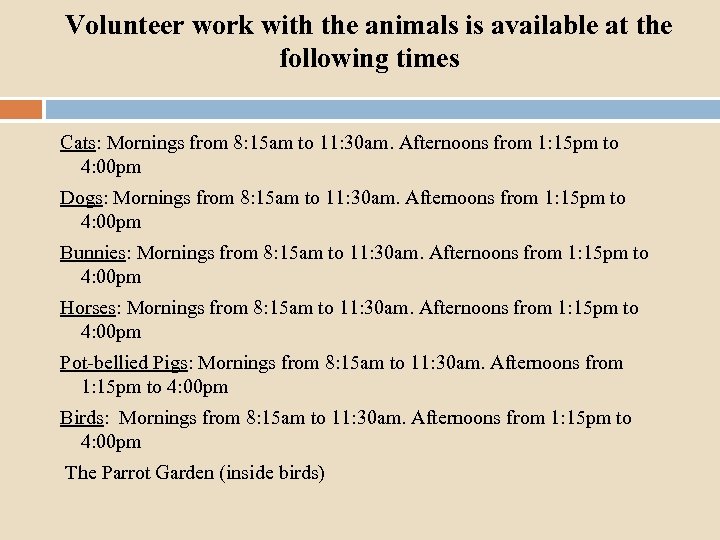 Volunteer work with the animals is available at the following times Cats: Mornings from