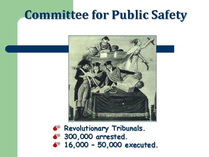 Committee for Public Safety M Revolutionary Tribunals. M 300, 000 arrested. M 16, 000