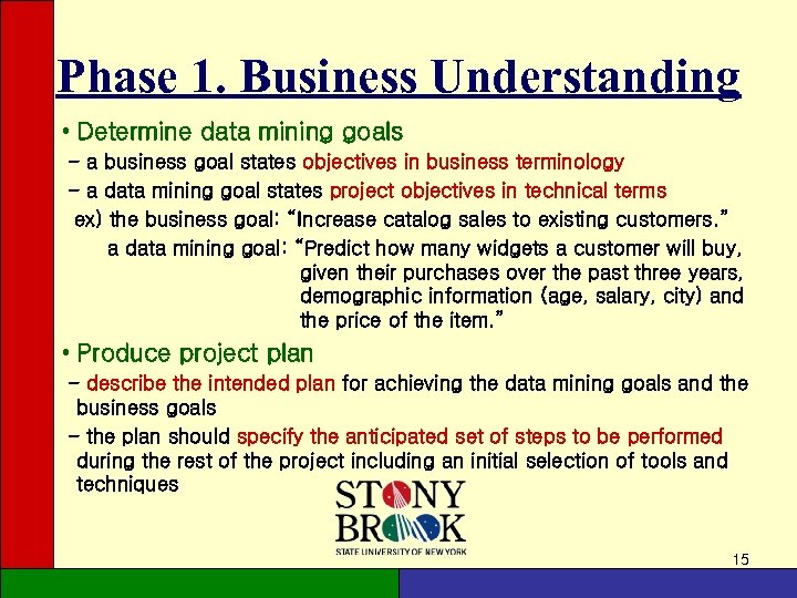 Phase 1. Business Understanding • Determine data mining goals - a business goal states