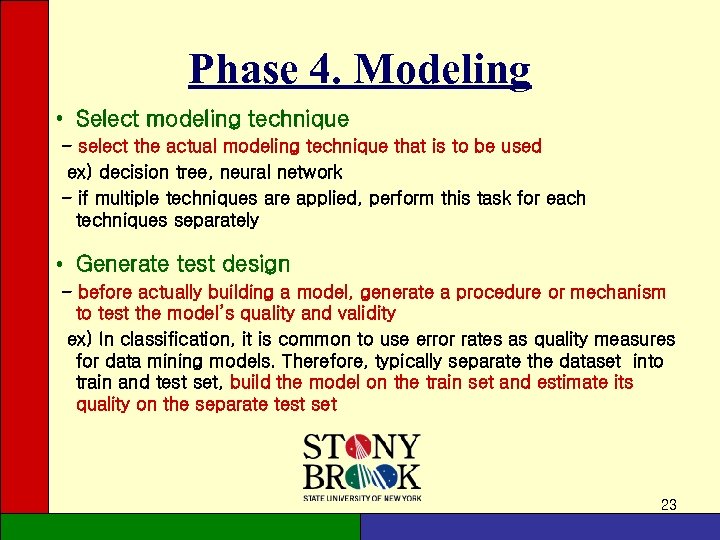 Phase 4. Modeling • Select modeling technique - select the actual modeling technique that