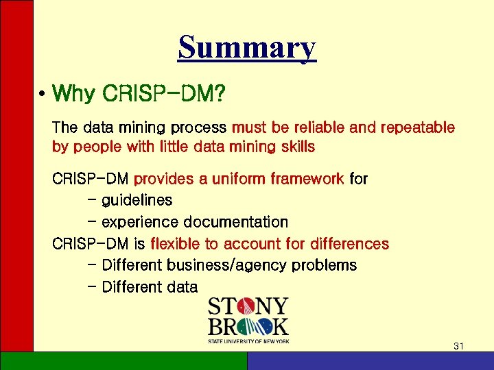 Summary • Why CRISP-DM? The data mining process must be reliable and repeatable by