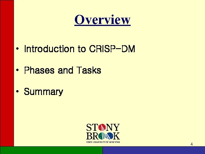 Overview • Introduction to CRISP-DM • Phases and Tasks • Summary 4 