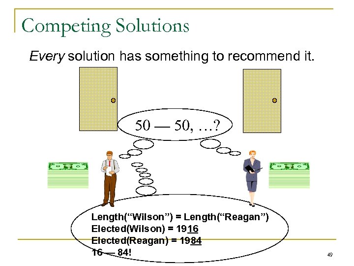 Competing Solutions Every solution has something to recommend it. 50 — 50, …? Length(“Wilson”)