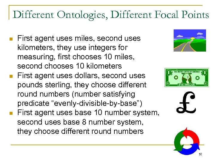 Different Ontologies, Different Focal Points n n n First agent uses miles, second uses