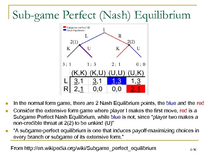 Sub-game Perfect (Nash) Equilibrium n n n In the normal form game, there are