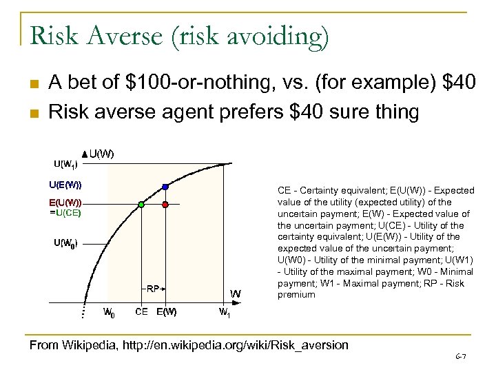 Risk Averse (risk avoiding) n n A bet of $100 -or-nothing, vs. (for example)