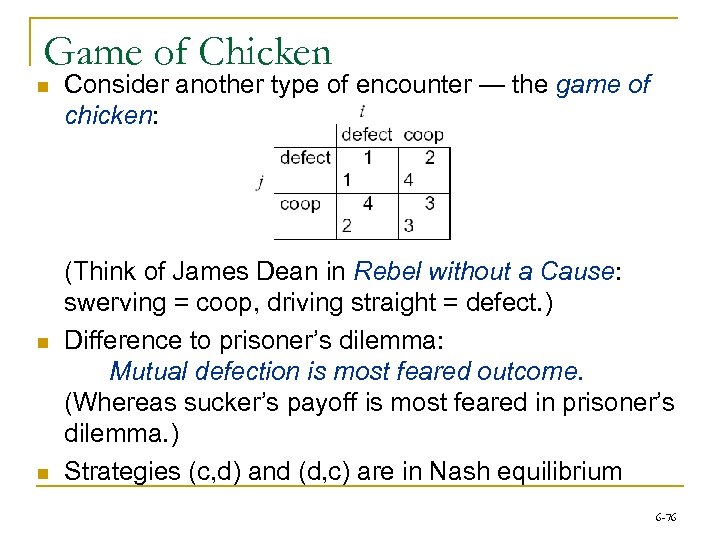 Game of Chicken n Consider another type of encounter — the game of chicken: