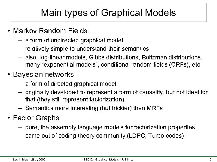 Main types of Graphical Models • Markov Random Fields – a form of undirected