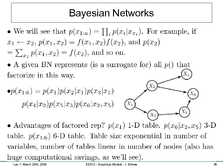 Bayesian Networks Lec 1: March 28 th, 2006 EE 512 - Graphical Models -
