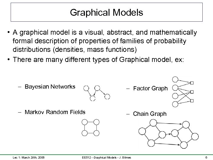 Graphical Models • A graphical model is a visual, abstract, and mathematically formal description