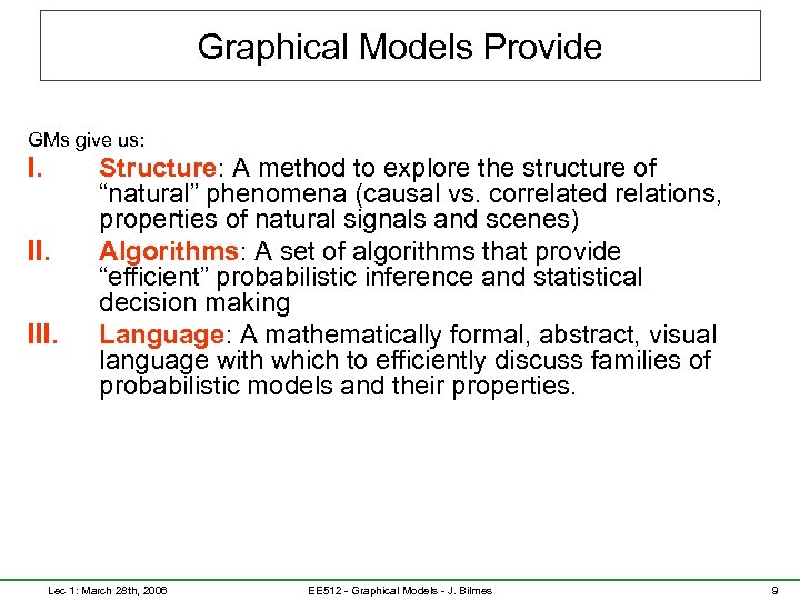Graphical Models Provide GMs give us: I. III. Structure: A method to explore the