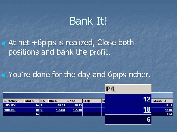 Bank It! n n At net +6 pips is realized, Close both positions and