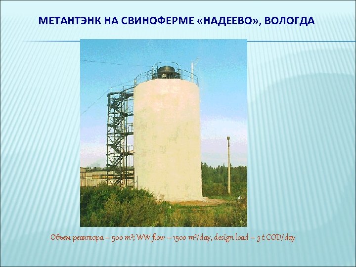 МЕТАНТЭНК НА СВИНОФЕРМЕ «НАДЕЕВО» , ВОЛОГДА Объем реактора – 500 m 3; WW flow