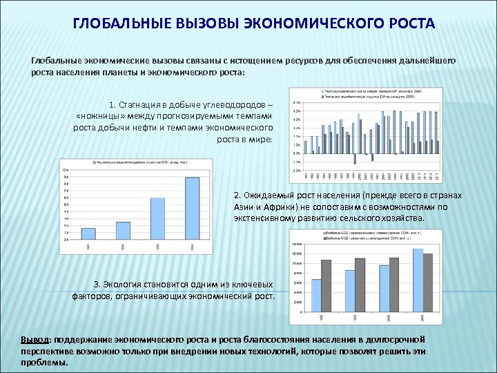 ГЛОБАЛЬНЫЕ ВЫЗОВЫ ЭКОНОМИЧЕСКОГО РОСТА Глобальные экономические вызовы связаны с истощением ресурсов для обеспечения дальнейшего