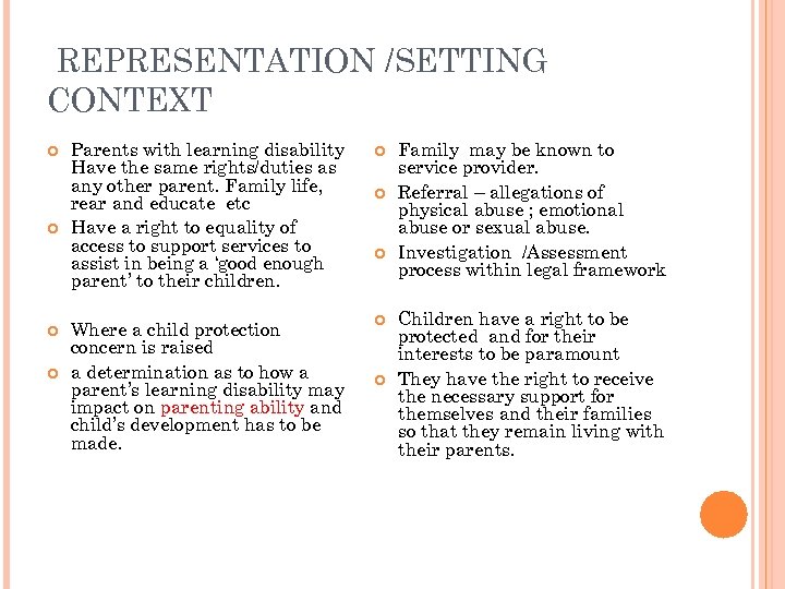 REPRESENTATION /SETTING CONTEXT Parents with learning disability Have the same rights/duties as any other