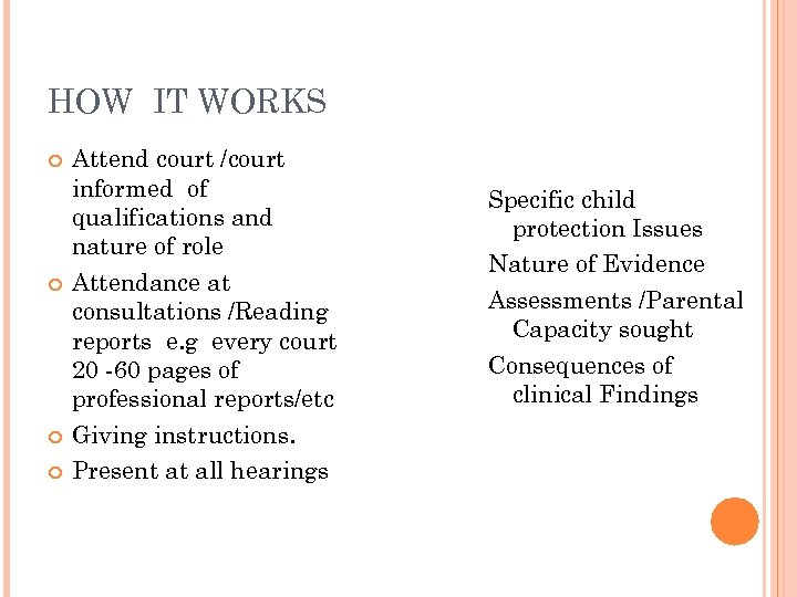 HOW IT WORKS Attend court /court informed of qualifications and nature of role Attendance